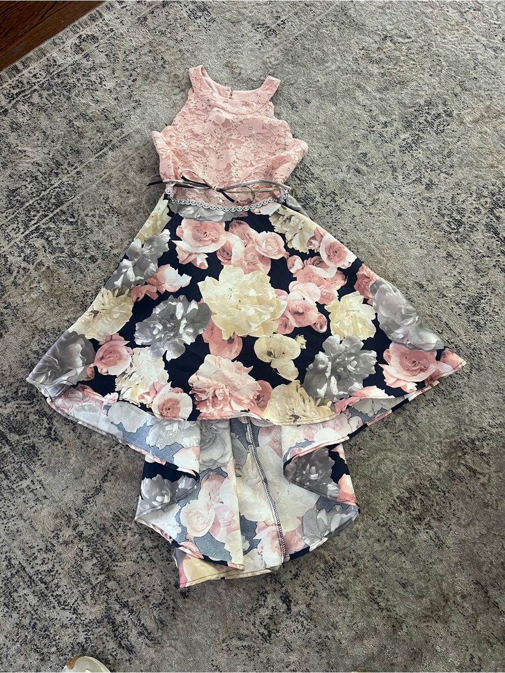 Speechless Pink Lace Top with Navy Floral High-Low Skirt